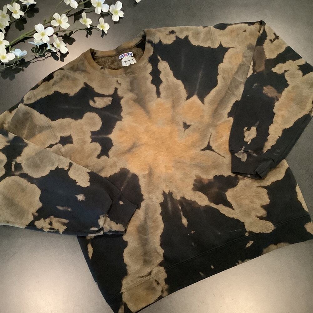 Jerzees Bleach Tie Dye Custom Crewneck Sweatshirt Black Brown Starburst